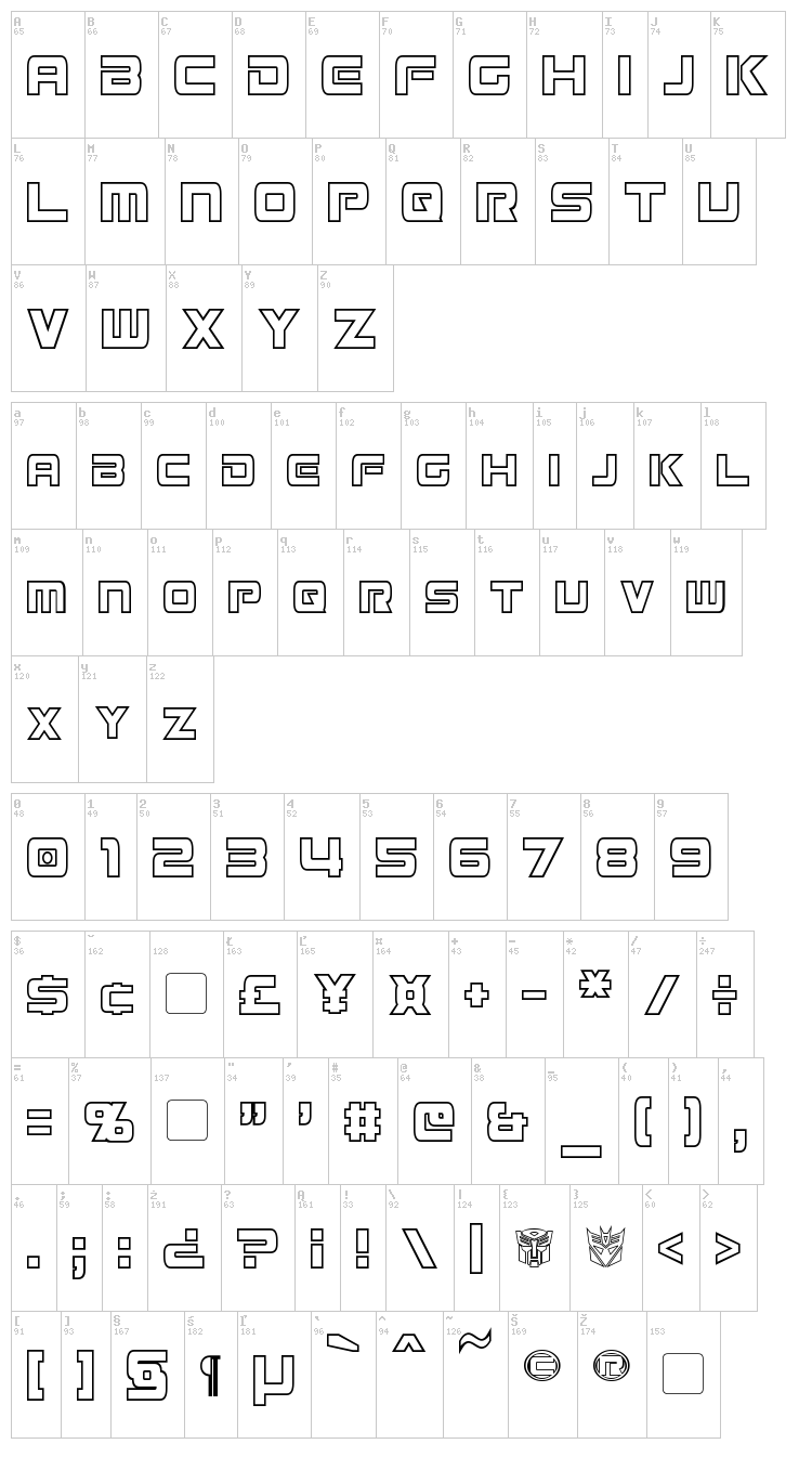 Mission GT-R font map